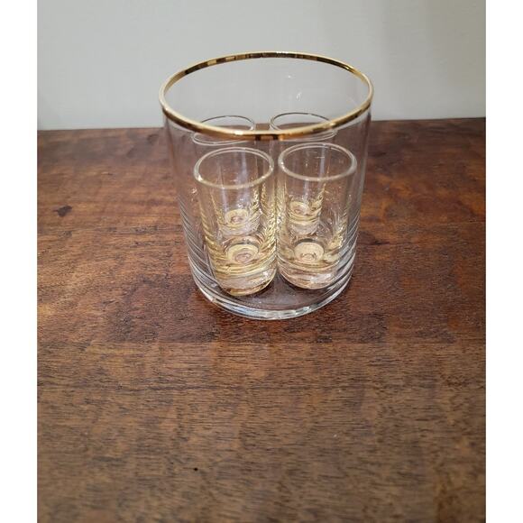Vintage MCM Shot Glass Set w/ Holder Retro Barware Collector Gold Tone Rim - Picture 8 of 13